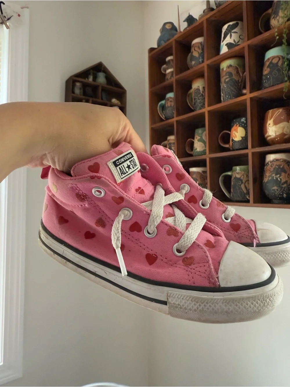 Converse Kids Pink High-Top Sneakers with Red Heart Print size 10 toddler